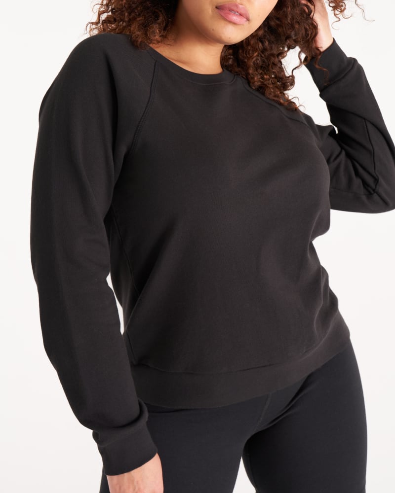 Front of a model wearing a size 3X The Raglan Sweatshirt in Vintage Black by The Standard Stitch. | dia_product_style_image_id:250478